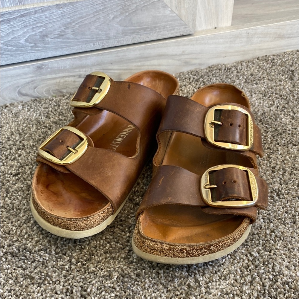 Brown Leather Sandals with Gold Buckles